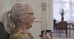 Elderly woman, face and retirement with coffee and conversation, relax in nursing home or house with communication. Mindset, calm and peace with talking and female profile, enjoy hot drink and happy