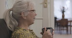 Senior woman, face and retirement with coffee and conversation, relax in nursing home or house with communication. Mindset, calm and peace with talking and female profile, enjoy hot drink and happy