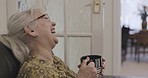 Old woman, face and retirement with coffee and funny conversation, relax in nursing home with communication and laughter. Mindset, calm and comedy, talk and female profile, enjoy hot drink and happy
