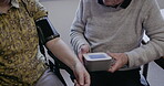 Health, blood pressure and monitor with an old couple together in a retirement home for a wellness checkup. Medical, cardiovascular or cholesterol with a senior man and woman testing for hypertension