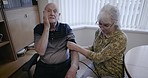 Blood pressure, old couple and home check for health test, cholesterol and cardiology. Senior man worried about hypertension, diabetes risk and medicare from arm pulse, wellness and medical support 