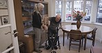 Senior help, couple and retirement home of a elderly woman showing support and helping hand. Living room, marriage and old man with care and love from wife in a nursing house in a lounge together