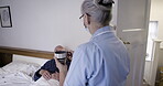 Covid, coffee or assisted living with a nurse and patient lying in the bedroom of his retirement home. Healthcare, morning and service with a woman medicine professional and senior man in bed