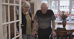 Physiotherapy, senior couple and caregiver with walker, rehabilitation and help with balance, walk and cardio. Recovery, mature woman and old man in nursing home, healthcare or assist with disability