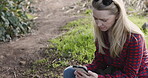 Field, gardening and woman on a phone to search internet, nature tips or sustainability blog post. Agriculture, eco friendly and person typing. 5g smartphone chat and sustainable development planning