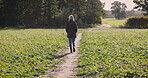 Walk, alone and woman outdoors on a farm, land and nature in the countryside on vacation or holiday. Lonely, back view and female farmer on farmland to clear her mind for peace and calm