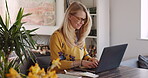 Typing, laptop and search with woman in home office for freelancer, remote work and website. Business, communication and internet with female working on email, networking and online administration