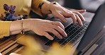 Closeup, hands and woman with a laptop, typing and planning for startup, deadline and research. Computer, female employee and professional with schedule, keyboard and emails for report and review 