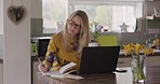Writing, woman and entrepreneur with remote work from home, planning and schedule for new project. Senior female, business owner and freelancer with ideas, deadline and planner in home and research