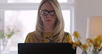 Serious, laptop and search with woman in home office for freelancer, remote work and website. Business, communication and internet with female typing for email, networking and online administration