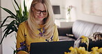 Happy, laptop and business with woman in home office for freelancer, remote work and website. Research, communication and internet with female typing for email, networking and online administration