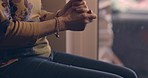 Stress, anxiety and hands of woman with nervous shaking while waiting in fear for therapy or conflict. Mental health, domestic abuse and person with problem or danger of gender based violence in home