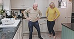 Dance, happy and senior couple in kitchen for happiness for bonding, quality time and romance at home. Retirement, marriage and playful elderly man and woman relaxing, dancing and having fun together