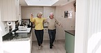 Dance, love and elderly couple in kitchen for happiness for bonding, quality time and romance at home. Retirement, marriage and playful senior man and woman happy, dancing and having fun together