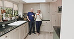 Happy, relax and senior couple drinking coffee, talking and bonding in the kitchen in the morning. Laughing, calm and an elderly man and woman speaking with a cup of tea together in their home
