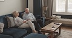 Communication, love and senior couple talking, speaking or in living room discussion about home retirement. Bond, marriage conversation and elderly man, woman or relax people chat during quality time