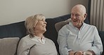 Funny conversation, love and elderly couple laughing at retirement joke, comedy humour and happy discussion. Bond, marriage quality time and relax senior man, old woman or people laugh in Canada home