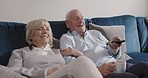 Communication, love and senior couple watching tv, subscription comedy movie or streaming home entertainment. Romantic bond, marriage happiness and relax elderly people with funny television show