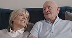 Conversation, face and old couple happy, relax and reminisce over love memory, discussion or bond over home retirement. Communication, marriage partner or elderly woman, man or senior people talking