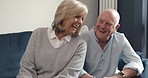 Happiness, communication and elderly couple laugh at old age joke, goofy comedy humour or silly conversation. Happy, relax and mature man, happy woman or laughing people bonding in Australia home