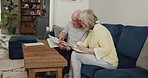 Senior couple reading documents, paper and review contract for life insurance policy at home. Elderly man, woman and discussion of retirement savings, pension and planning loan for financial security