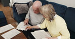 Old couple, home and reading documents, paper and contract for life insurance policy from above. Senior man, woman and discussion of retirement savings, pension report and planning financial mortgage