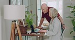 Senior couple, laptop and life insurance budget with retirement and banking app at home. Saving, online funeral plan and elderly people in a house with computer planning financial investment on web