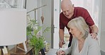 Senior couple, laptop and life insurance talk of budget with retirement and banking at home. Saving, online funeral plan and elderly people in house with computer planning financial investment on web