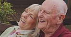 Garden, relax and happy senior couple outdoors for bonding, quality time and laugh at jokes together. Retirement, marriage and elderly man and woman in backyard smile, laughing and talking at home