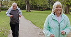 Health, senior couple and running for exercise, fitness and wellness being healthy together in nature. Retirement, man and woman enjoy workout and jog in a park or garden