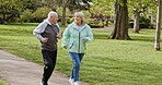 Health, senior couple and running for exercise, fitness and wellness being healthy together in nature. Retirement, man and woman enjoy workout and jog in a park or garden