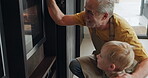 Baking, grandfather and child with food in the kitchen of a house. Elderly man preparing a sweet dessert with his grandson at home