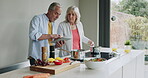 Cooking, senior couple and breakfast food in the kitchen of a house using a tablet online. Elderly man and woman preparing a lunch on the stove at home