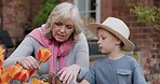 Woman with boy working in garden or backyard with grandmother. Senior woman and child with plants for sustainability, love and nature with family outdoor, gardening flowers  at home