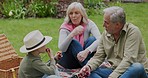 Grandson, family in garden on a picnic on holiday or vacation with a boy. Happy grandparents, man and woman with child bonding and relax