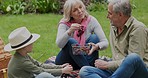 Grandson, family in garden on a picnic on holiday or vacation with a boy. Happy grandparents, man and woman with child bonding and relax