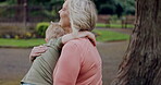 Young boy running to hug grandmother in park, garden and outdoor for love, care and support. Excited kid, senior woman and embrace with happiness together