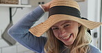 Summer, fashion and woman with hat in home with fun, energy or model with happiness for memory of holiday, travel or blog. Smile, funny pose and girl blogger laughing with clothes from vacation
