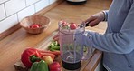 Hands, vegetable smoothie and blender in kitchen with detox and nutrition drink at home. Breakfast, weight loss and female person smile with cooking and nutritionist food in the morning in a house