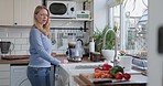 Happy woman in kitchen with blender, smoothie and dancing for wellness, weight loss and diet in home. Fruit, vegetable and dance, healthy food for girl in apartment with protein shake breakfast juice