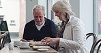 Breakfast, date and senior couple eating together for bonding, quality time and conversation. Restaurant, marriage and mature man and woman with cafe food to relax, chat and talking in coffee shop