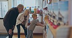 Grandparents, shopping and choice of candy for a child at a shop or sweets store shelf. Senior man, woman and a happy boy kid or customer buying sugar treats from business owner on travel trip