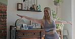 Peace, yoga and stretching with woman in living room for zen, relax and workout. Wellness, mental health and balance with female person and pilates at home for spiritual, freedom and mindfulness