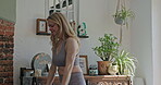 Zen, yoga and fitness with woman in living room for peace, relax and workout. Wellness, mental health and balance with female person and stretching at home for spiritual, freedom and mindfulness