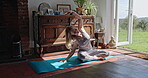 Morning, yoga and fitness with woman in living room for zen, relax and workout. Wellness, mental health and balance with female person and stretching at home for spiritual, freedom and mindfulness