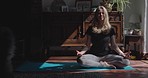 Woman, meditation and home on floor, smile and focus with breathing, stretching shoulders or relax on pillow. Yoga,  lady and zen training for chakra balance, peace or mindfulness with lotus in house