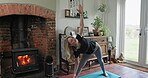 Stretching, yoga and zen with woman in living room for mental health, spiritual and fitness. Relax, meditation and balance with female person at home for energy, floor workout and mindfulness 