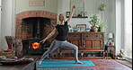 Stretching, yoga and body with woman in living room for mental health, spiritual and fitness. Zen, meditation and balance with female person at home for energy, floor workout and mindfulness 