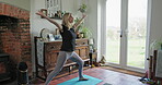 Workout, yoga and fitness with woman in living room for zen, relax and peace. Wellness, mental health and balance with female person and stretching at home for spiritual, freedom and mindfulness