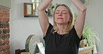 Peace, yoga and meditation with woman in living room for zen, relax and workout. Wellness, mental health and balance with female person and stretching at home for spiritual, freedom and mindfulness